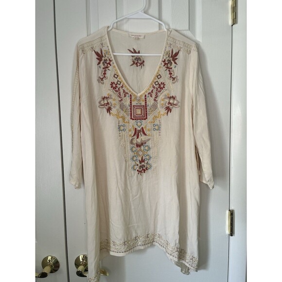 Solitaire Beige Embroidered Floral Top Bohemian Summer Women Medium - Picture 1 of 7